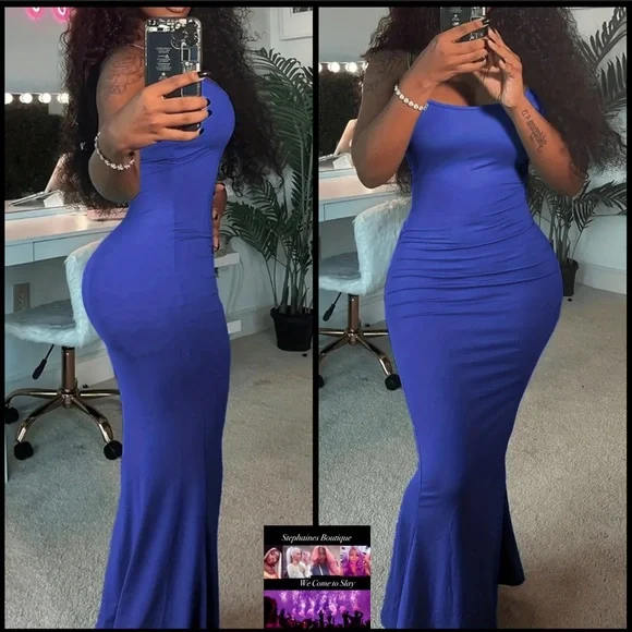 Casual Backless Sleeveless Spaghetti Strap Mermaid Hem Long Bodycon Maxi Slip Dress(Blue/L)